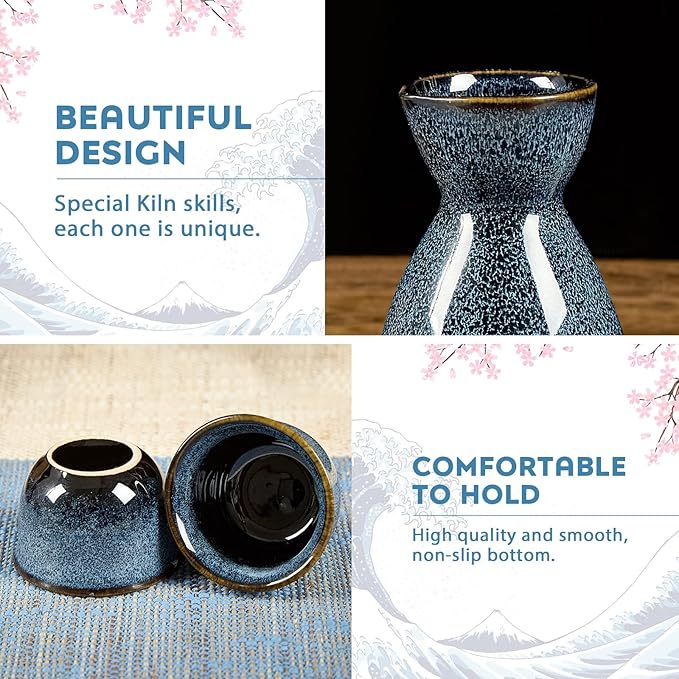 DUJUST 5 pcs Japanese Sake Set, Kiln Altered Glaze Porcelain Sake Set, 1 Bottle, 4 Cups & 1 Gift Box, Warm Carafe, Special Japanese Gift Set - blue