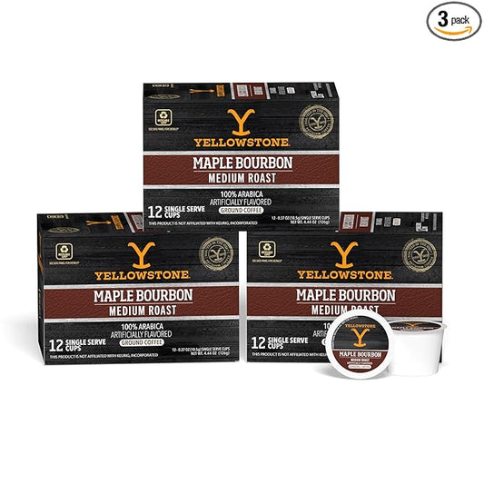Yellowstone Maple Bourbon Medium Roast Coffee, Single Serve Recyclable Pods/Cups, 100% Arabica Beans, 36 Count