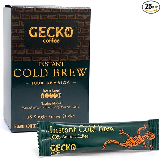 Gecko Coffee Instant Cold Brew, Craft Instant Coffee Sticks, 100% Arabica Medium-Dark Roast, Coffee Singles Packets, Smooth & Rich, Hot or Iced, Sugar-Free, Eco-Friendly, 25 Count