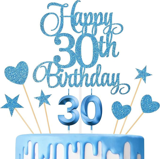 30th Birthday Cake Toppers, 30th Birthday Candles Numeral Candles and Glitter Cake Decorations Toppers Set for Party Supplies (Blue)