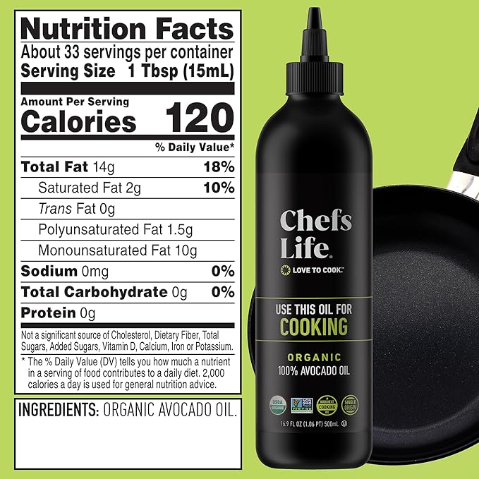 Chefs Life Organic Avocado Oil - Organic Avocado Oil For Cooking, Avocado Oil Organic for Dressing, Dipping, Drizzle, 100% Pure, Single Origin, Non GMO - 16.9 Fl Oz Squeezable Bottle (1 Pack)