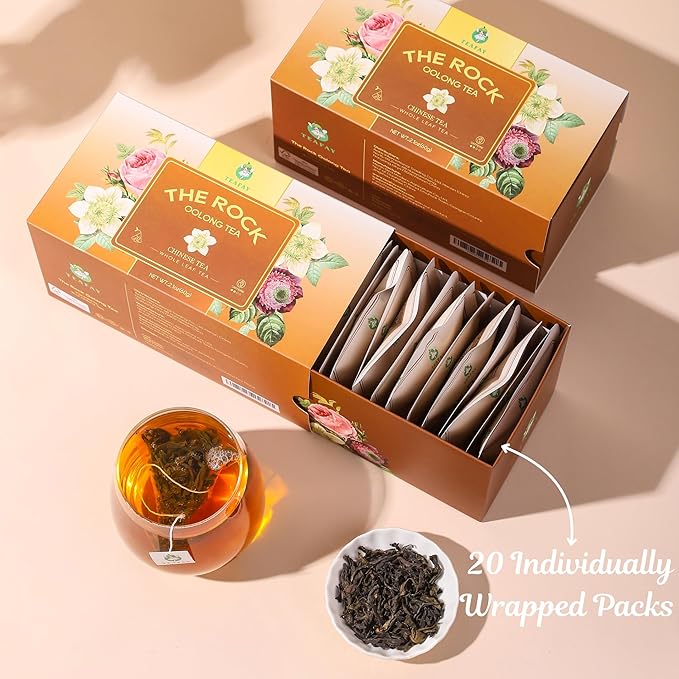 TEAFAY Wuyi Rock Oolong Tea ??20 Count (40 Cups), 100% Natural, Handpicked, Whole Leaf Pyramid Tea Bags, Individually Wrapped, Roasted Flavor, Caffeinated