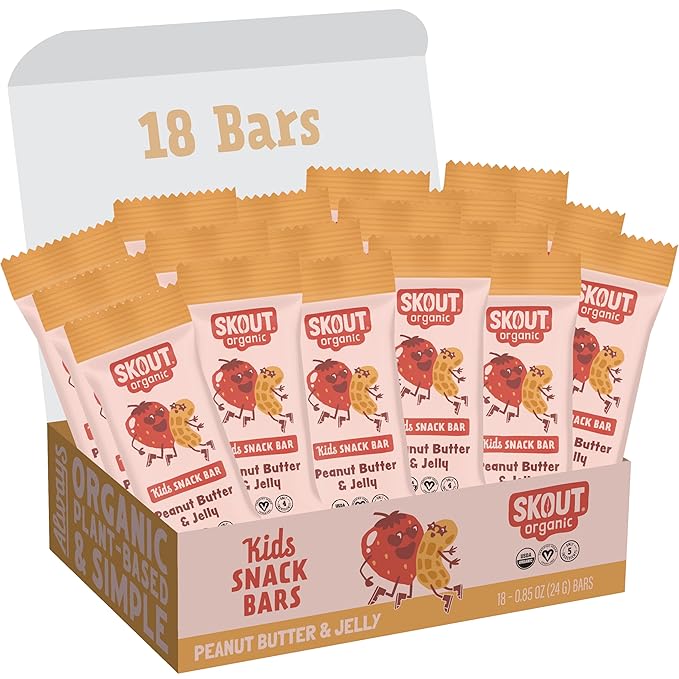 Skout Organic Peanut Butter & Jelly Real Food Bars for Kids (18 Pack) | Organic Snacks for Kids | Plant-Based Nutrition, No Refined Sugar | Vegan | Gluten, Dairy, Grain & Soy Free