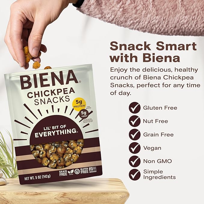 Biena Crispy Roasted Chickpea Snacks, Lil??Bit of Everything, High Protein Snacks, High Fiber Snacks, Gluten Free, Plant-Based, Non-GMO, Healthy Snacks for Adults and Kids, 4-Pack 5 Ounce Bags