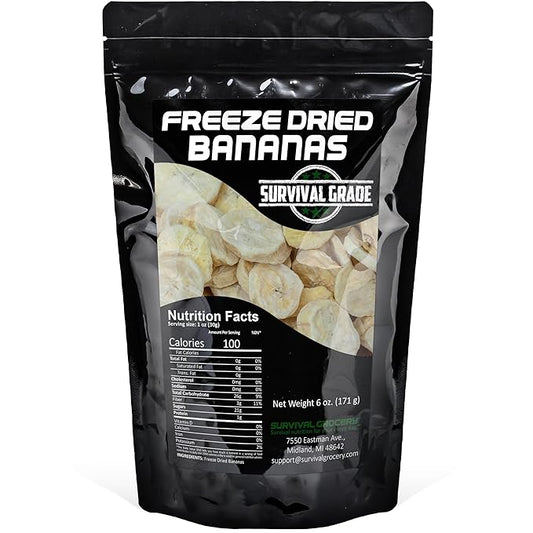 Survival Grocery® Freeze Dried Bananas - Gluten-Free, Unsweetened Banana Chips - Vitamin C & Fiber Rich Snack, Long Shelf Life, Natural Freeze Dried Fruit For Oatmeal, Granola, Smoothies, Baking Or On-the-go Snacking, 6 Oz