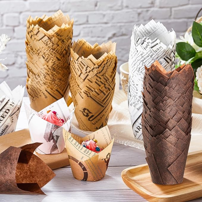 800 Pcs Tulip Cupcake Liners Baking Cups Muffin Baking Cupcake Liners Wrappers Greaseproof Tulip Cups Holders for Party Wedding Birthday Baby Showers(Newspaper,Mocha Style)