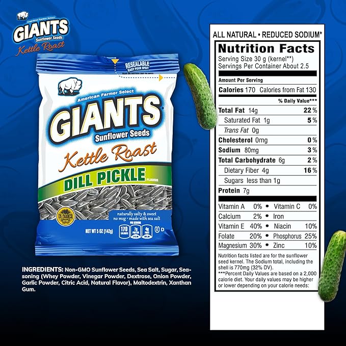 GIANTS Kettle Roast Dill Pickle Sunflower Seeds - Sunflower Seeds Bulk, Big Sunflower Seeds to Eat, Roasted & Flavored for Eating, 8g Protein Per Serving - 5 oz Bags (Pack of 3)