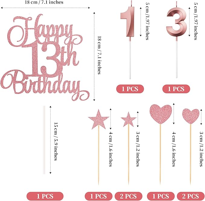 13th Birthday Cake Decorations, 13th Birthday Candles Cake Numeral Candles and Glitter Happy 13th Birthday Cake Toppers Set for Birthday Party Supplies (Rose Gold)