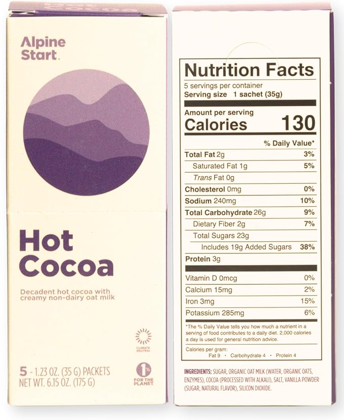 Alpine Start Instant Hot Cocoa Mix - Individual Packets with Organic Oatmilk and Pure Cocoa - Rich and Creamy Hot Chocolate Powder, Vegan and Dairy-Free (1.23 OZ Sticks) Box of 5