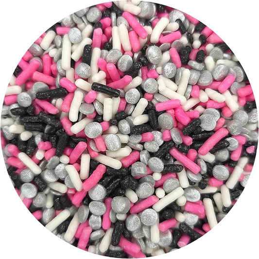 NCS Pink, Black, White Jimmies and Silver Sequin Edible Sprinkles, 8 ounces - Great for Cupcakes, Cookies, Cakes, Cakes Pops, Donuts