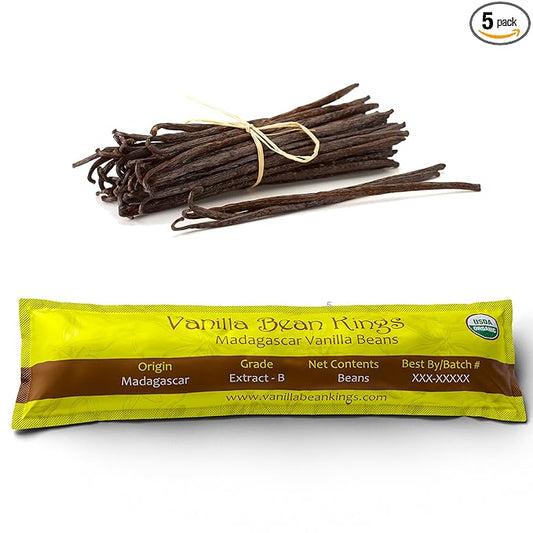 5 Organic Madagascar Vanilla Beans - Whole Extract Grade B Pods for Baking, Homemade Extract, Brewing, Coffee, Cooking