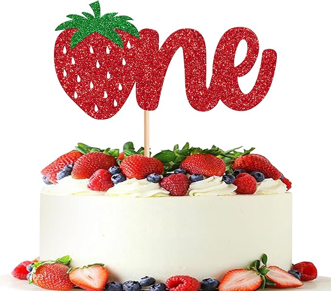 1 Pack Strawberry One Cake Topper Red Glitter Strawberry 1st Birthday Cake Pick for Fruit Theme Baby Shower Kids Birthday Party Strawberry Party Cake Decorations Supplies