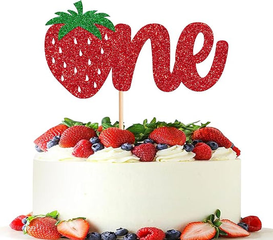 1 Pack Strawberry One Cake Topper Red Glitter Strawberry 1st Birthday Cake Pick for Fruit Theme Baby Shower Kids Birthday Party Strawberry Party Cake Decorations Supplies