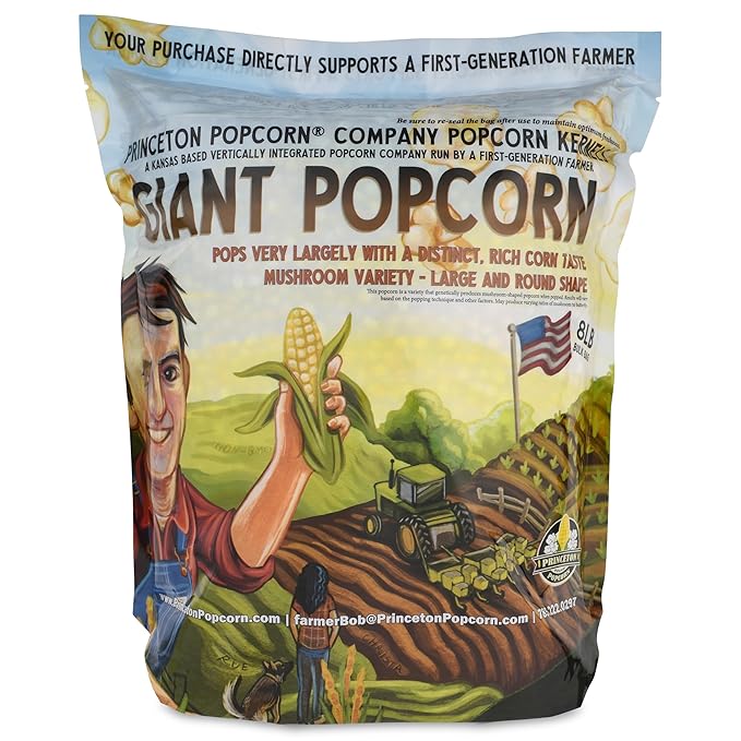 Princeton Popcorn Mushroom Hulless Popcorn Kernels ??Easy-Eating, Ball Shaped Tender Popping Corn, Non-GMO Popcorn Kernels, No Hulls, Farmer Direct, Microwave Air Popper or Stovetop Bulk Bag 8lbs