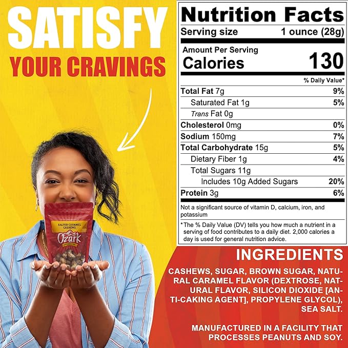 OZARK NUT ROASTERS: Salted Caramel Cashews, Gourmet Flavored Snack Nuts, Blend of Sugar, Sea Salt & Caramel, Pack of 1 (7.0 oz)