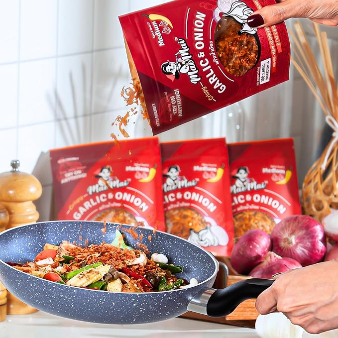 MaeMai Chili Crisp (MEDIUM HOT Spice) - Spicy Umami Onion & Garlic Flakes - All-Purpose Seasoning, Topper | Chili oil WITHOUT THE OIL. Crunchy condiment for rice seasoning, ramen topping | 9.51oz (3-PACK)