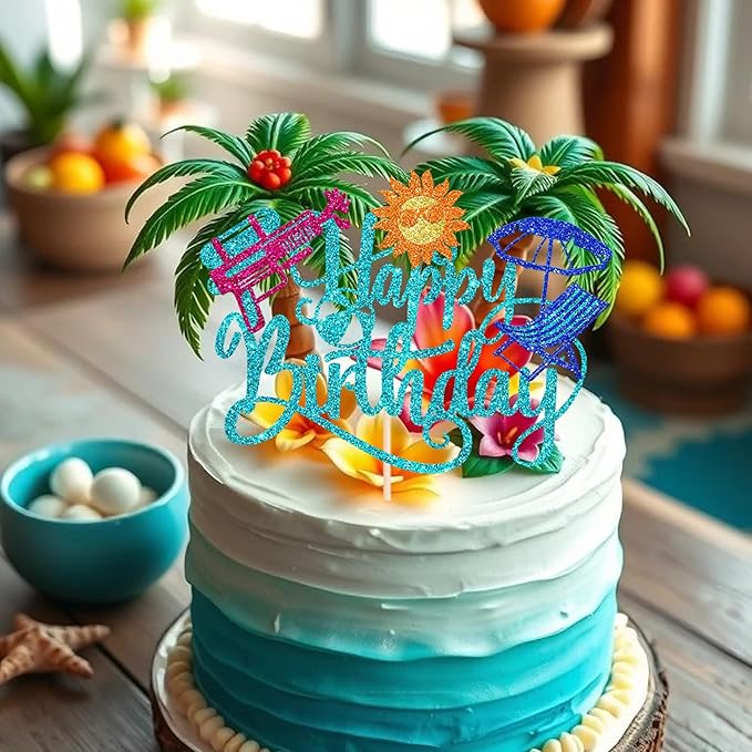 1 Pack Summer Beach Happy Birthday Cake Topper Tropical Hawaiian Water Gun Cake Pick Glitter Umbrella Pool Holiday Cupcake Decoration for Summer Baby Shower Birthday Party Supplies Blue