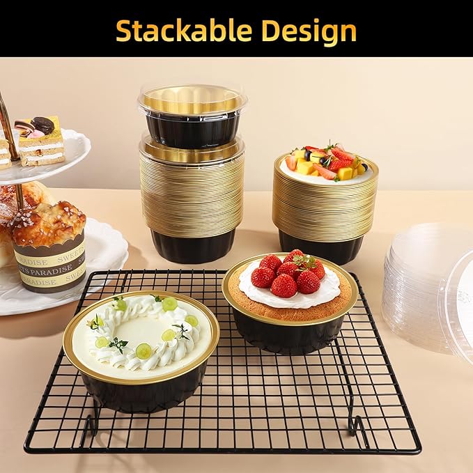 Beasea Creme Brulee Disposable Ramekins with Lids, 120 Pack 8 oz 4 Inch Mini Aluminum Foil Baking Cups Black Gold Small Round Cupcake Tart Pie Tins Pans Individual Containers Oven Safe for Baking