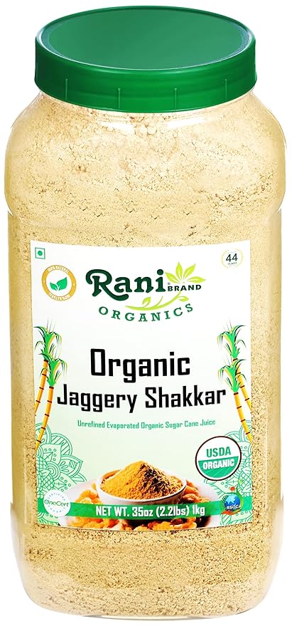 Rani Organic Jaggery Shakkar (Unrefined Evaporated Organic Sugar Cane Juice) 35oz (1kg) PET Jar ~ Gluten Friendly | Vegan | NON-GMO | No Salt or fillers | Indian Product | USDA Certified Organic