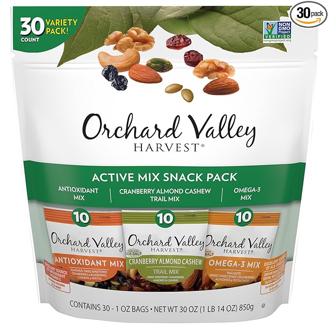 Orchard Valley Harvest Active Snack Pack Mix, 1oz Bags (Variety Pack of 30), Antioxidant Mix, Cranberry Almond Cashew, Omega-3 Trail Mix, Healthy Snacks for Adults and Kids, Gluten Free