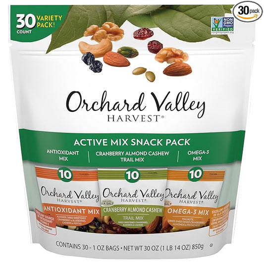 Orchard Valley Harvest Active Snack Pack Mix, 1oz Bags (Variety Pack of 30), Antioxidant Mix, Cranberry Almond Cashew, Omega-3 Trail Mix, Healthy Snacks for Adults and Kids, Gluten Free