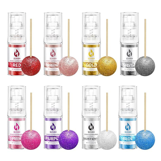 Edible Glitter Spray - 8 Colors Herbeklab Cake Glitter Spray Food Grade Metallic Shimmer Powder Cake Sprinkles for Cookie Decorating Chocolate Strawberry, 5g/Bottle