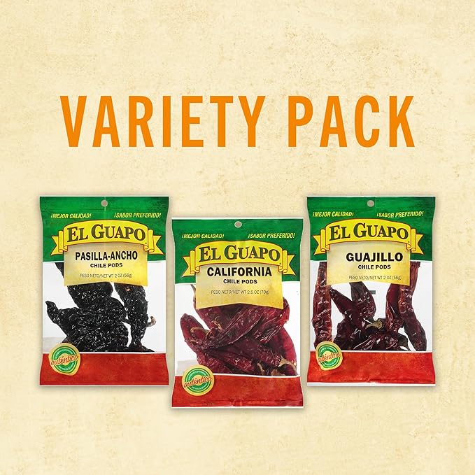 El Guapo Chile Pods Variety Pack, Hispanic Ingredients, Mexican Chiles, Includes Whole Guajillo, Pasilla Ancho, and California Chili Pods, 13 oz