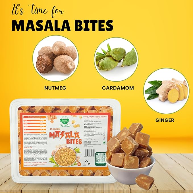 Danodia Foods Organic MASALA JAGGERY Bites/Blocks (450g/16 oz) | Ginger & Cardamom Infused | Gluten Free, Unrefined & Naturally Sweet Brown Gur | No Added Sugar | Delicious Vegan Snack & Sweetener