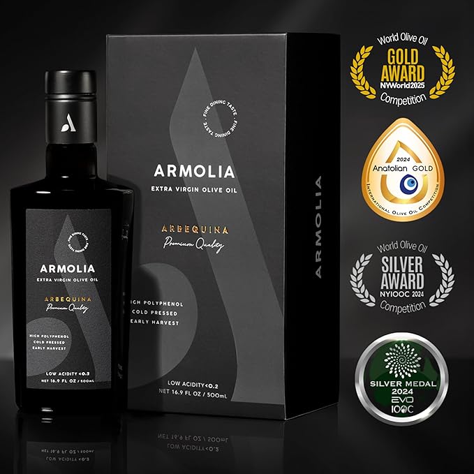 ARMOLIA Pure Olive Oil Extra Virgin Cold Pressed Glass Bottle, EVOO 2025 Gold Award Winner Drinking Polyphenol Rich Olive Oil Early Harvest, High Polyphenol (<400 mg/kg) Low-Acidity (0.14%), Hand Picked (500ml)
