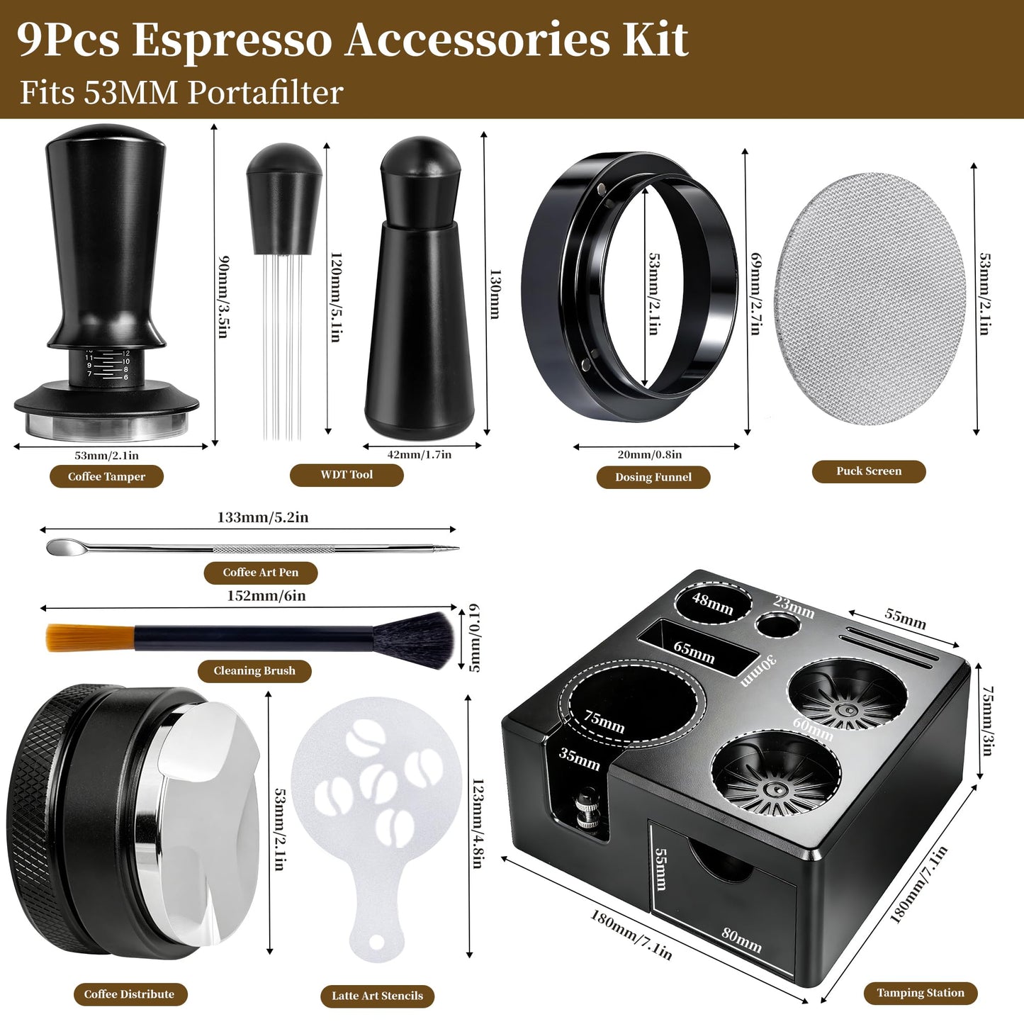 Aollewoiti 9 PCS 54mm Espresso Accessories Kit with Tamper Station