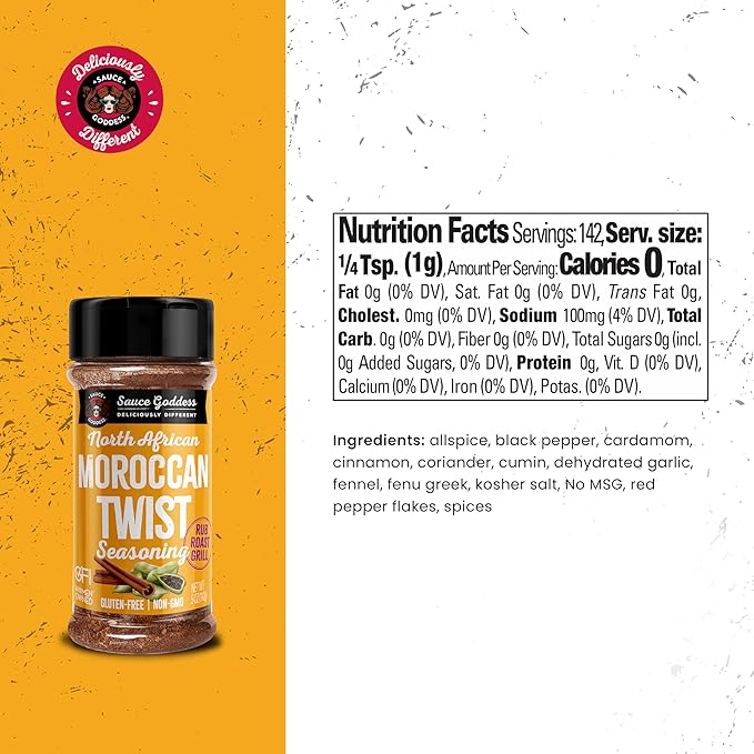 Sauce Goddess - Moroccan Twist Spice Shaker - Exotic Blend with Cardamom & Cinnamon, No Sugar, Gluten-Free, Low Sodium, Vegan - 5oz