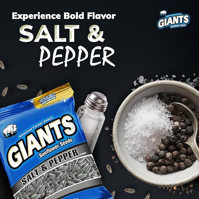 GIANTS Salt & Pepper Sunflower Seeds - Sunflower Seeds Bulk, Cracked Pepper Sunflower Seeds to Eat, Flavored Healthy Snack with 8g Protein Per Serving - 5 oz Bags (Pack of 3)
