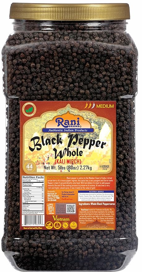 Rani Black Pepper Whole (Peppercorns), Premium MG-1 Grade 80oz (5lbs) 2.27kg Bulk PET Jar ~ All Natural | Gluten Friendly | Non-GMO | Kosher | Product of Vietnam | Perfect size for Grinders!