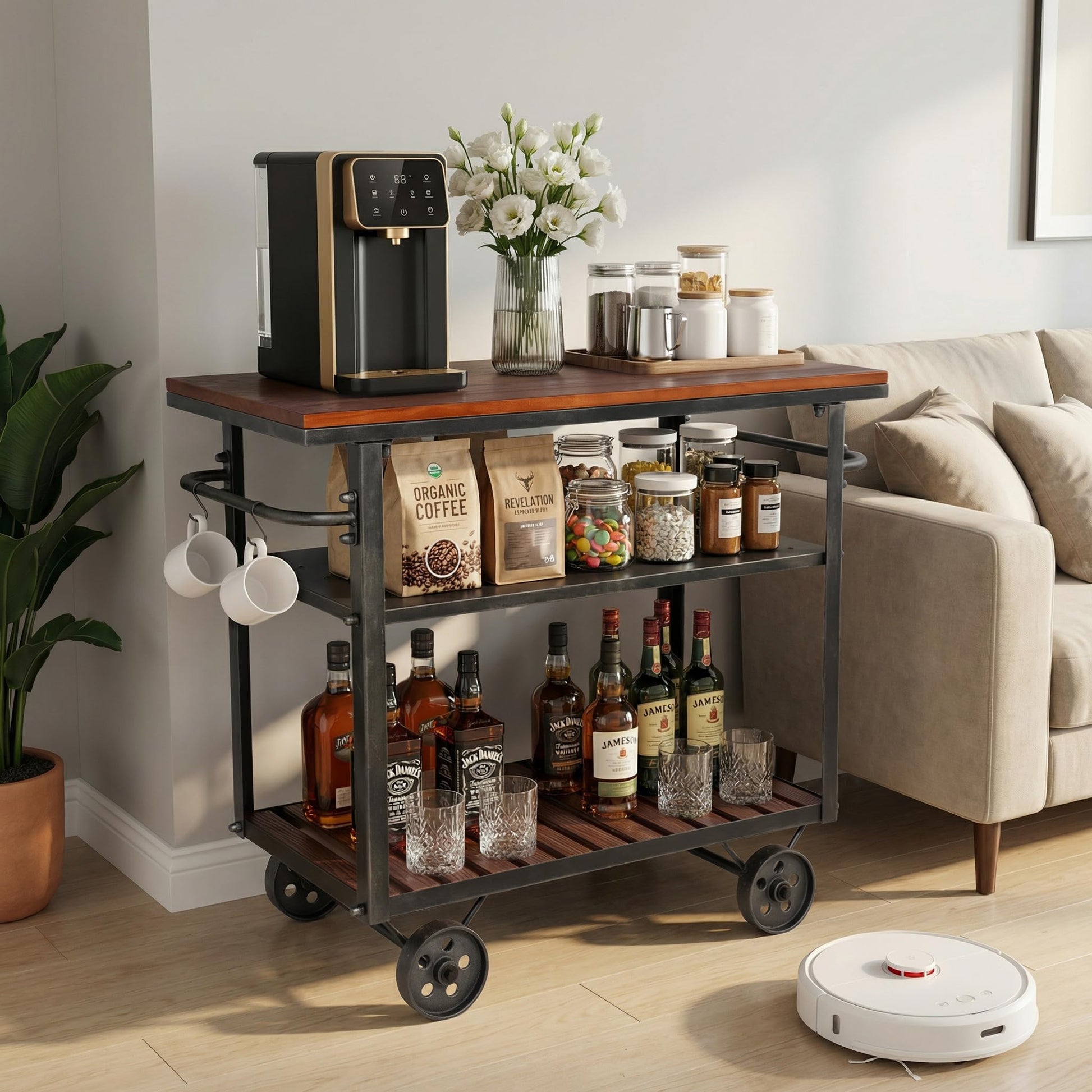 BOKKOLIK Vintage Rolling Bar Cart on Wheels Industrial Mobile Serving Cart Metal and Wood Design
