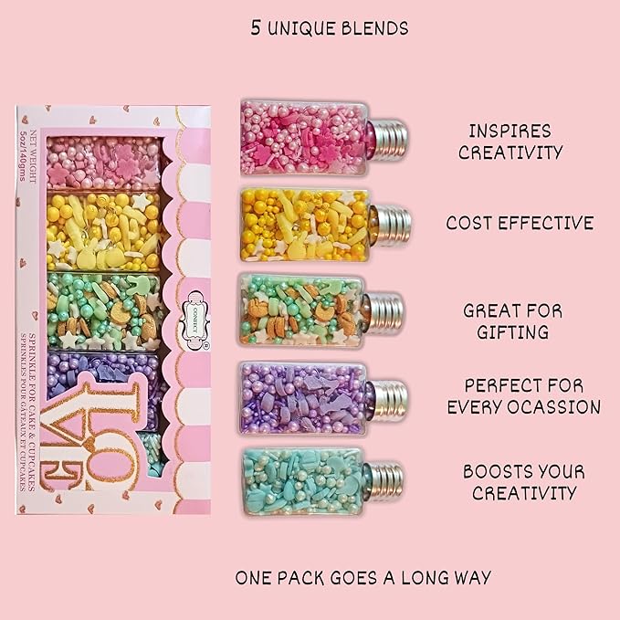 Confect Easter Sprinkles Edible | Assorted pack of 5 Parrot Green, Pink, Sky Blue and Yellow Pearls & Stars I Cookies, Desserts & cupcake Decorating | Edible Sprinkles Mix for Baking & Cake Decorative