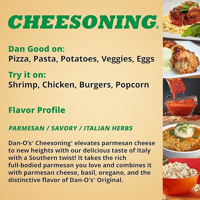 Dan-O's Cheesoning Seasoning, 7.6 oz Bottle, All Purpose Seasoning for Pizza, Popcorn, Chicken, Bread and More, Sugar Free, Zero Calorie, Parmesan Cheese Replacement for your Favorite Foods