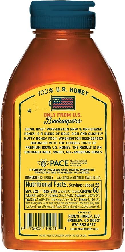 Local Hive Washington Raw Unfiltered Honey – 16 oz, 100% Pure US Honey, Sourced from American Bees and Beekeepers - Natural Sweetener, Ideal for Tea, Baking, and Cooking