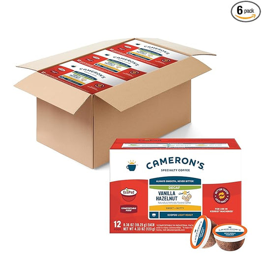 Cameron's Coffee Single Serve Pods, Flavored, Decaf Vanilla Hazelnut, 12 Count (Pack of 6)