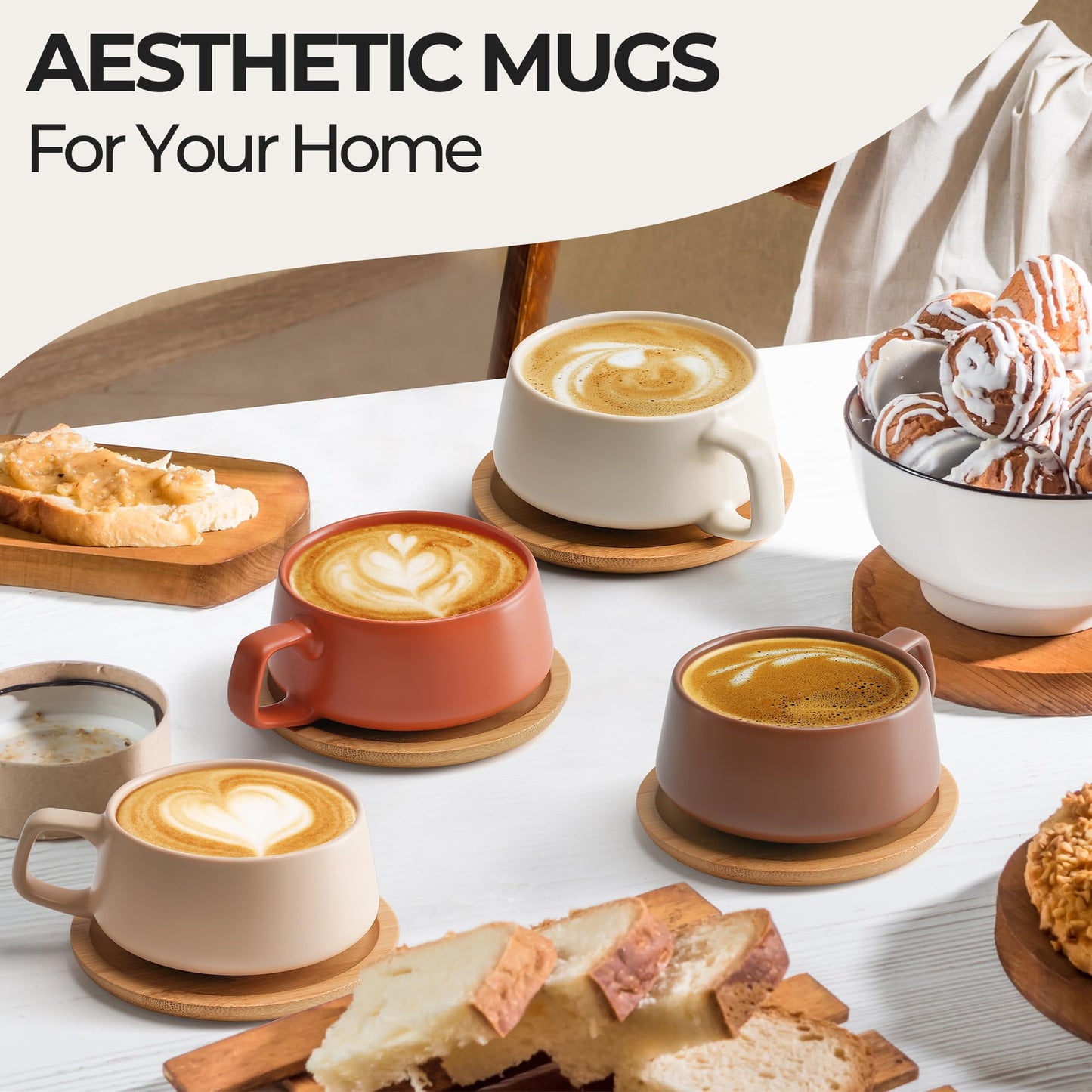 MIAMIO - Cappuccino Cup Set of 4, Ceramic (9.5oz) - Luxe (Beige Pastel)