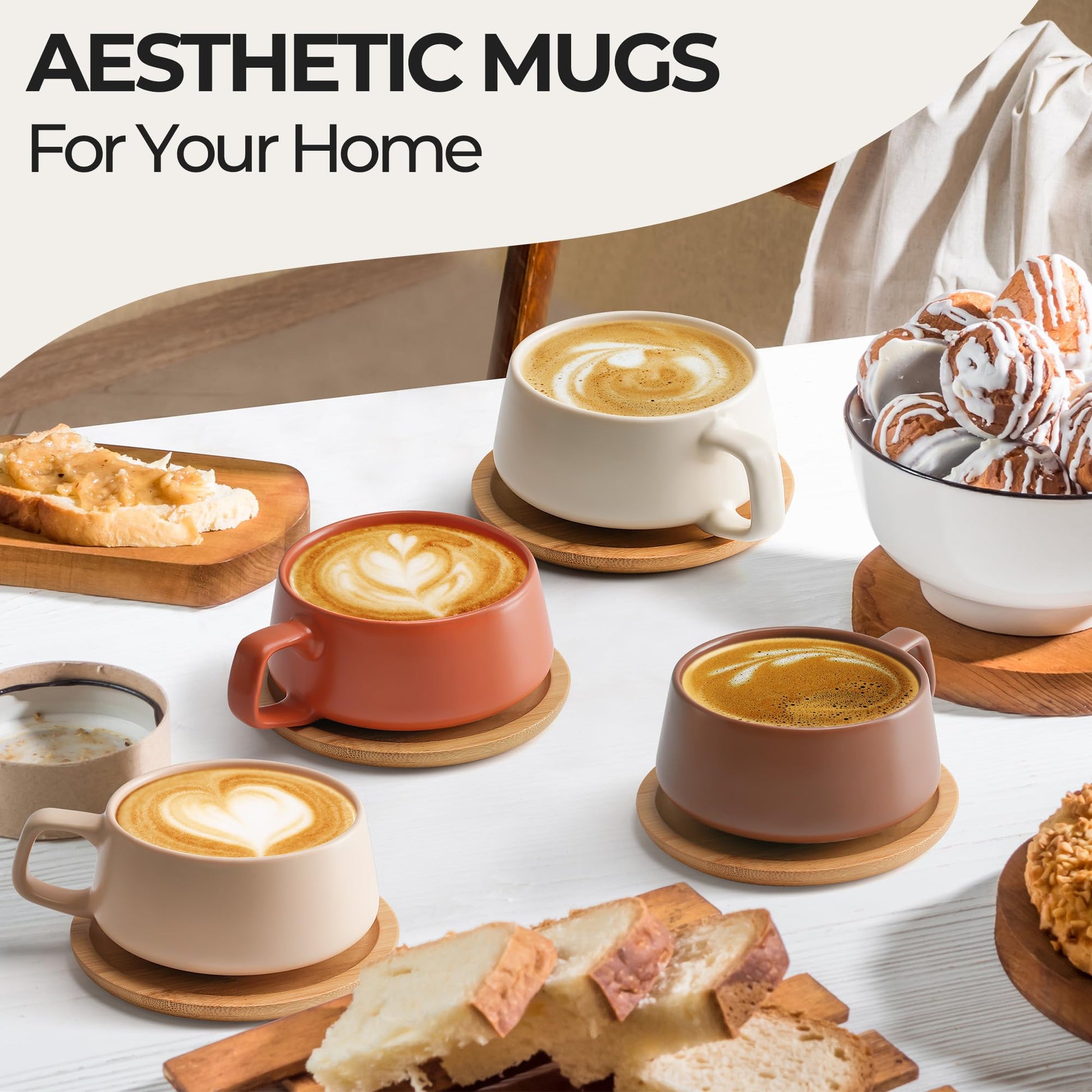 MIAMIO - Cappuccino Cup Set of 4, Ceramic (9.5oz) - Luxe (Beige Pastel)