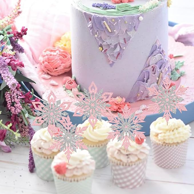 Rsstarxi 24 Pack Pink Snowflake Cupcake Toppers Double Layered Silver Snowflake Cupcake Picks Decoration for Winter Frozen Theme Baby Shower Wedding Birthday Christmas Party Cake Decorations