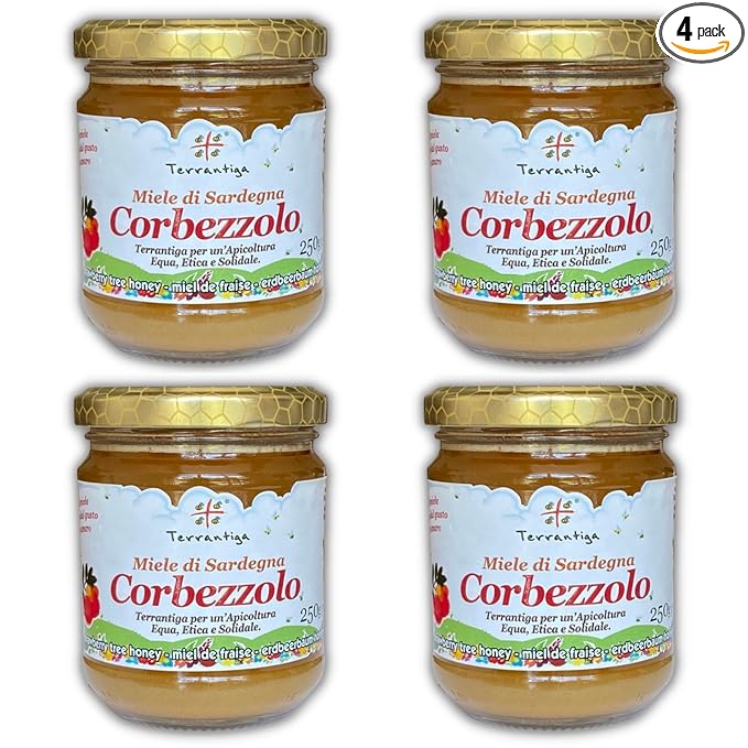 Corbezzolo Raw Honey from Wild Strawberry Tree Flowers, Artisanal Bitter-Sweet Honey from Sardinia, Italy - 4 x (250gr) 8.8 oz