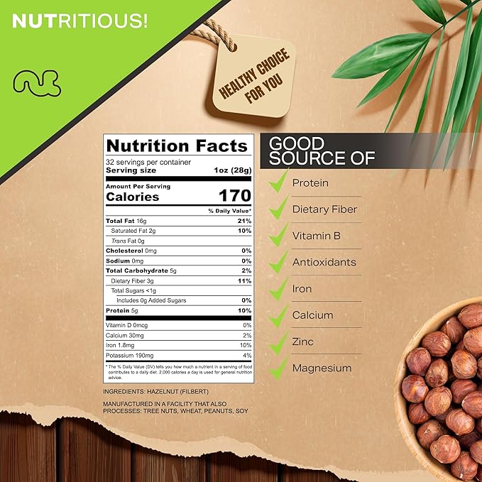 NUT CRAVINGS - Raw Hazelnuts Filberts with Skin - Unsalted, Shelled, (32oz - 2 LB) Bulk Nuts Packed Fresh in Resealable Bag - Kosher Healthy Snack, Food Assortments Ideal for Trail Mixed Nuts