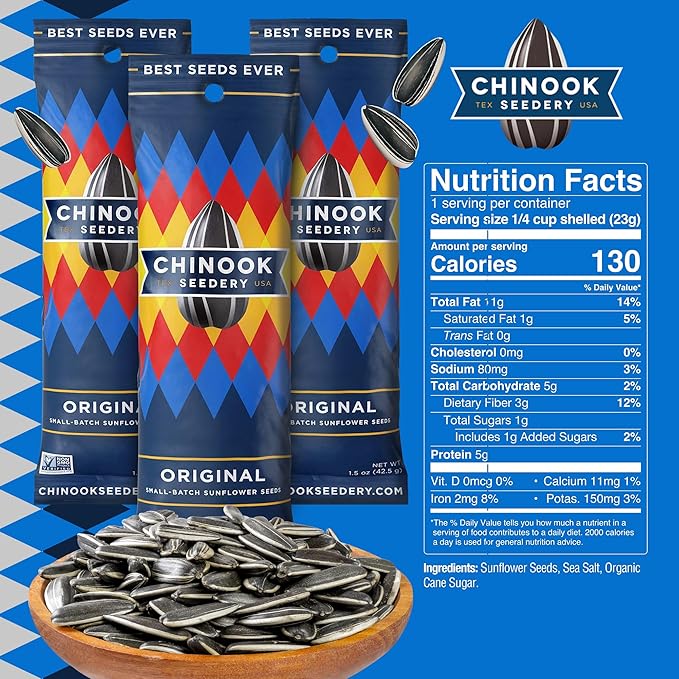 Chinook Seedery Roasted Sunflower Seeds to Eat - 1.5 oz (Pack of 36) Original - Jumbo Low Sodium Sunflower Seeds Keto Snacks - Adventure, Baseball, School Snacks - Gluten Free, Non GMO Snacks
