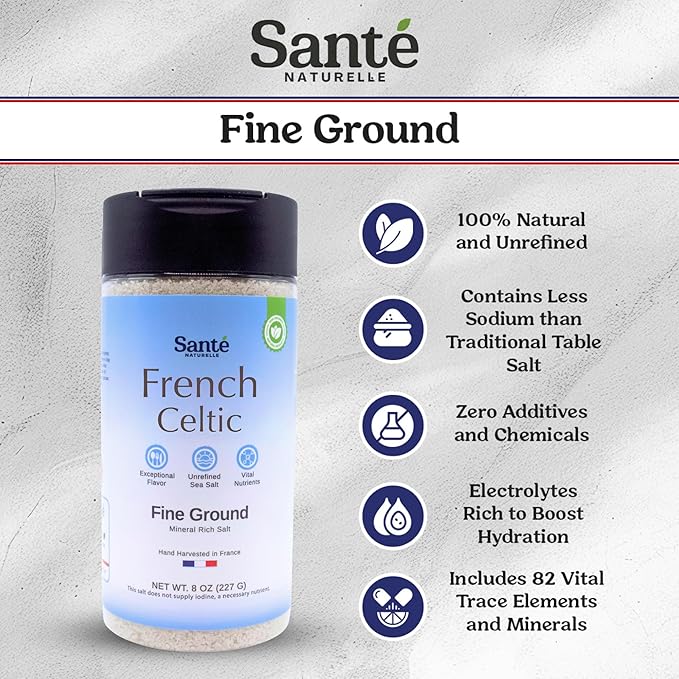 Sante French Fine Ground Sea Salt Shaker - 8 oz. Salt From the Celtic Sea, Unrefined French Sea Salt Organic, Rich in 82+ Minerals, 100% Natural & Hand Harvested