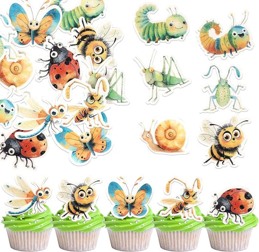 60 Pack Edible Green Caterpillar Cupcake Topper Wafer Paper Nature Insect Hungry Caterpillar Dragonfly Cupcake Picks Happy Birthday Anniversary Wedding Cake Decorations Party Color 1