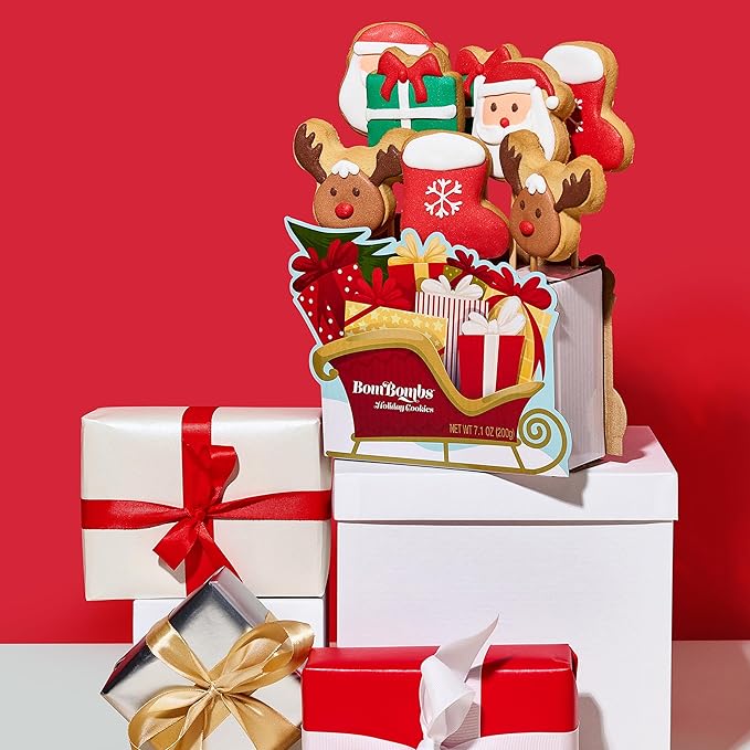 BomBombs, Christmas Cookie Bouquet, Individually Wrapped Sugar Cookies on Sticks & Sleigh Shaped Display Tray, Perfect for Holiday Parties, Set of 8