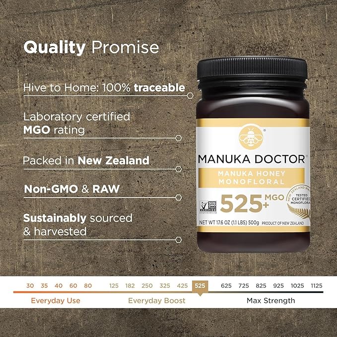 MANUKA DOCTOR - MGO 525+ Manuka Honey Monofloral (1.1 lbs) 100% Pure New Zealand Honey. Certified. Guaranteed. RAW. Non-GMO