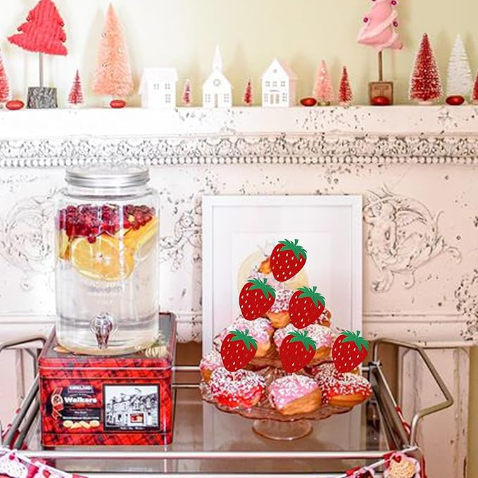 24 Pack Strawberry Cupcake Toppers Glitter Birthday Strawberry Cupcake Picks for Fruit Baby Shower Kids Birthday Summer Berry Cupcake Decorations Party Supplies Red