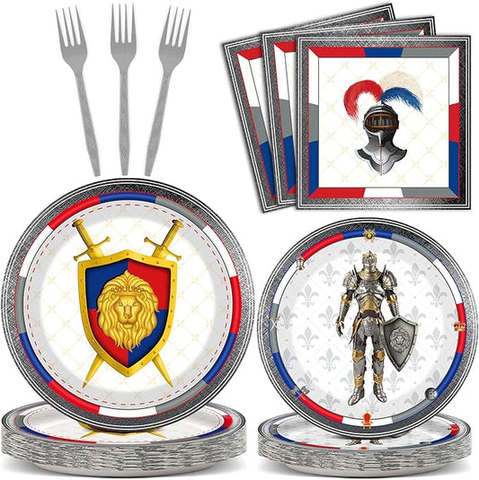 chiazllta 96 Piece Medieval Party Decorations Castle Birthday Paper Plates and Napkins Knights Party Birthday Supplies Favors for Boys and Girls, Medieval Party Decor Serves 24
